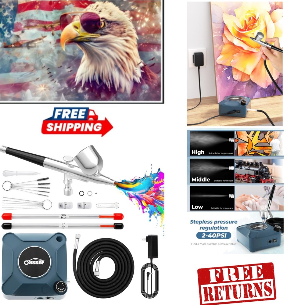 Efficient Airbrush Kit with Compressor, Three Nozzle Sizes, Lightweight Design