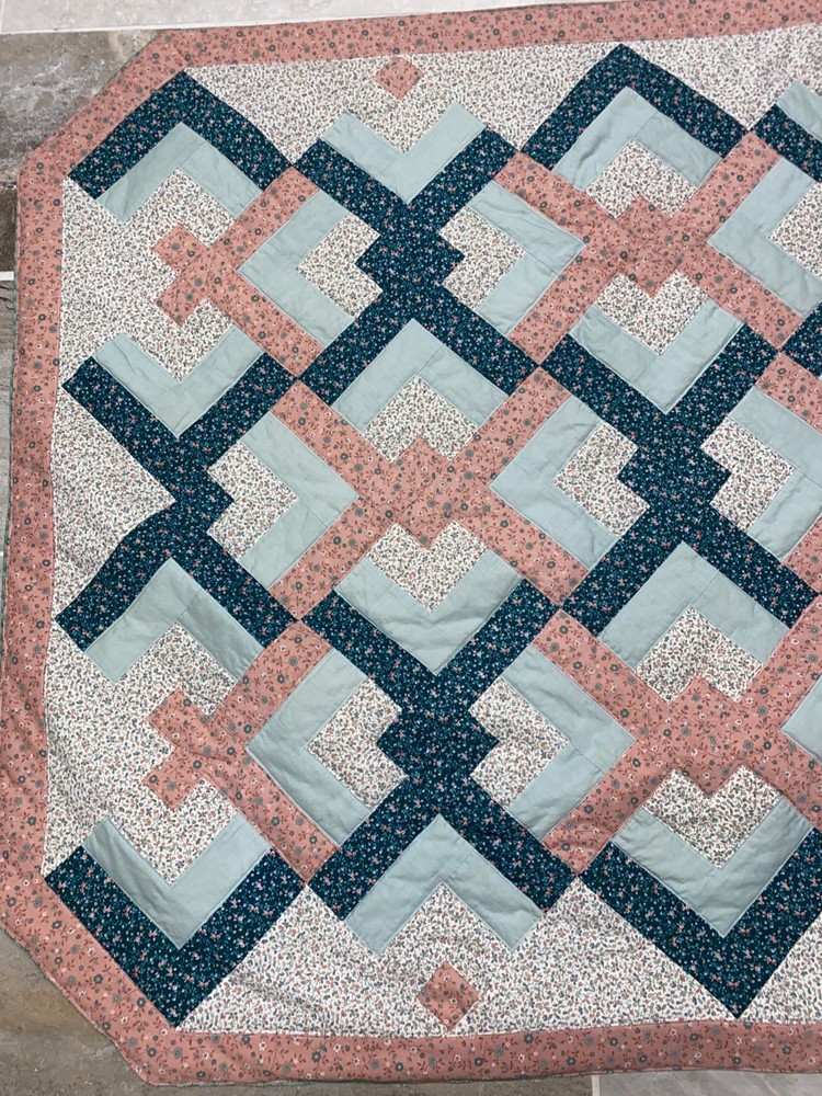 Quilted Green & Peach Patchwork Design Lap Quilt / Wall Hanging /Table Topper