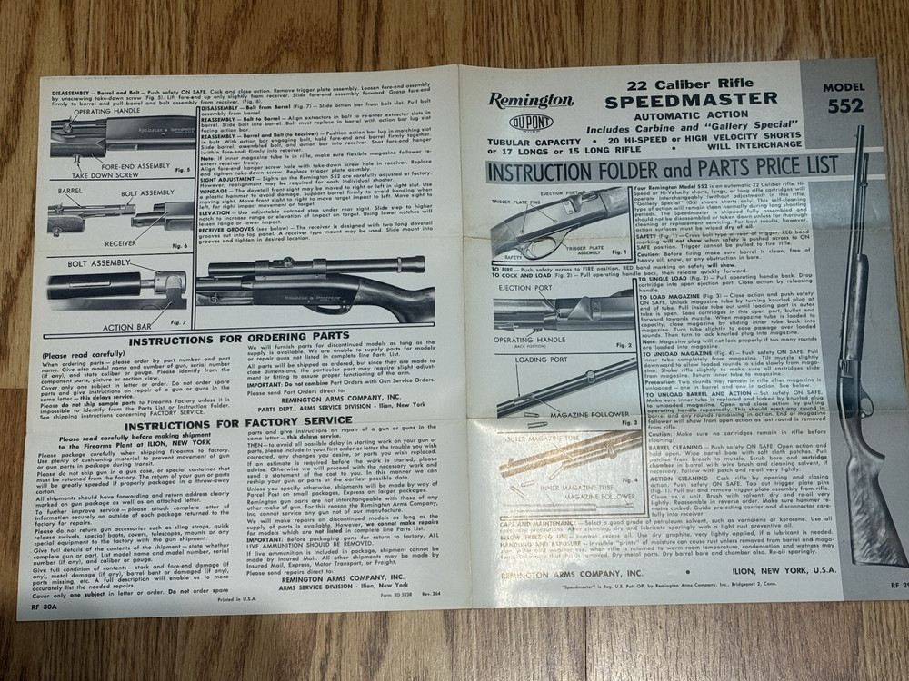 REMINGTON Model 552 22 Caliber Speedmaster Automatic Action Instruction Folder