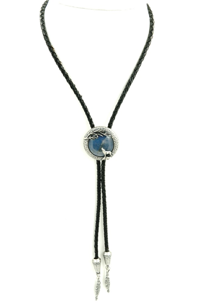 Silver Plated Handmade Howling Wolf Labradorite Stone Western Leather Bolo Tie