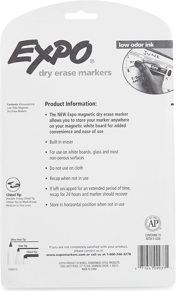 EXPO Magnetic Dry Erase Markers with Eraser, Chisel Tip, 8 Count