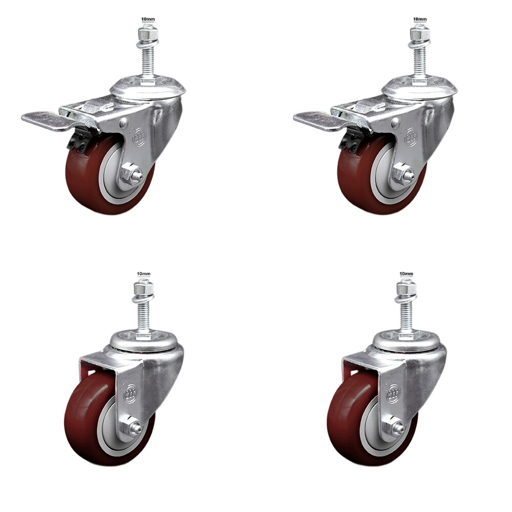 3 Inch SS Maroon Poly 10mm Threaded Stem Caster Set 2 Total Lock Brake SCC
