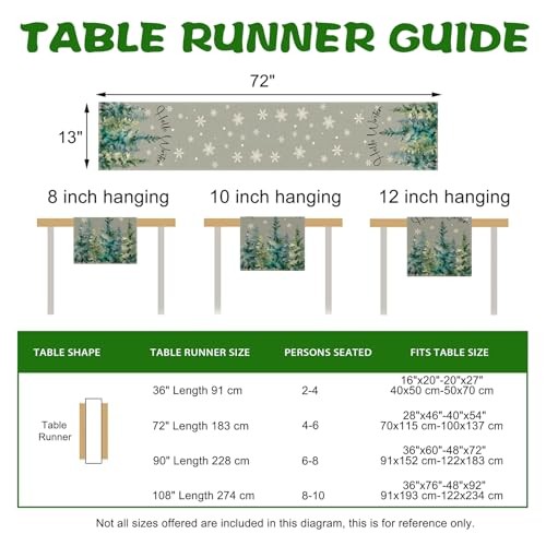 Hello Winter Pine Tree Grey Dining Table Runner, Watercolor Snowflake Burlap