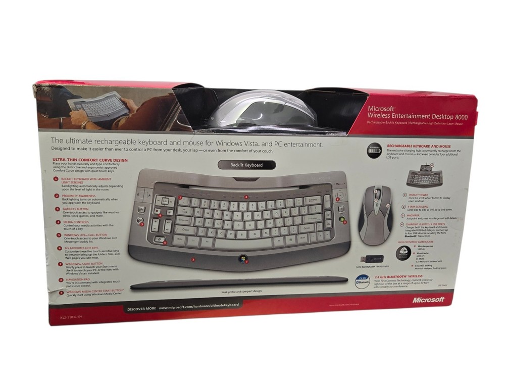 Microsoft Wireless Entertainment Desktop 8000 Keyboard BACKLIT COMBO Mouse NEW