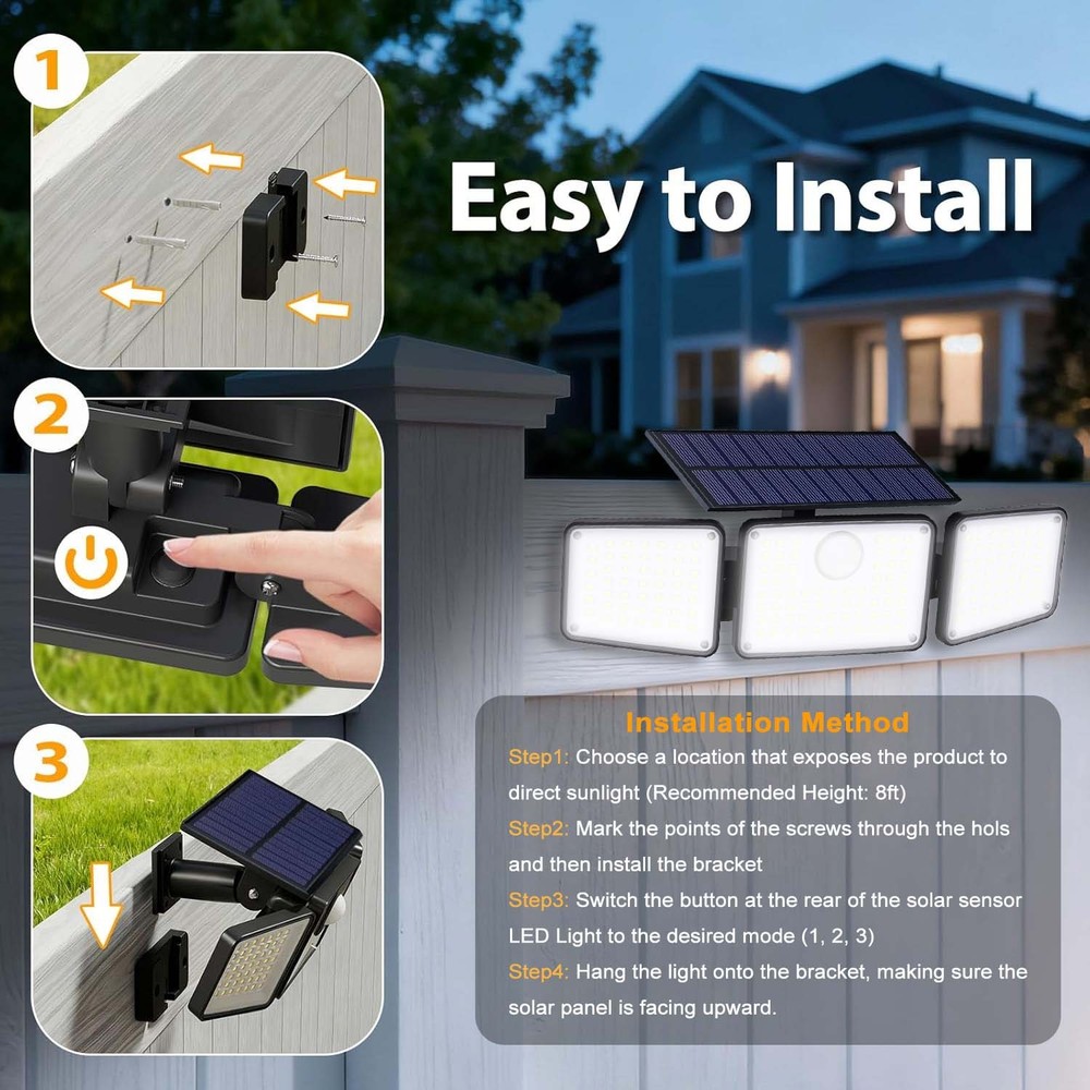 2 Pack LED Solar Lights 3-Head Outdoor Motion Sensor Security Lamp Waterproof US