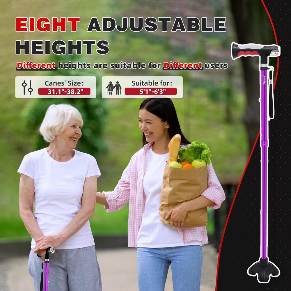 Folding Walking Cane with Two Led Lights for Elderly Solid Base Adjustable Wa...