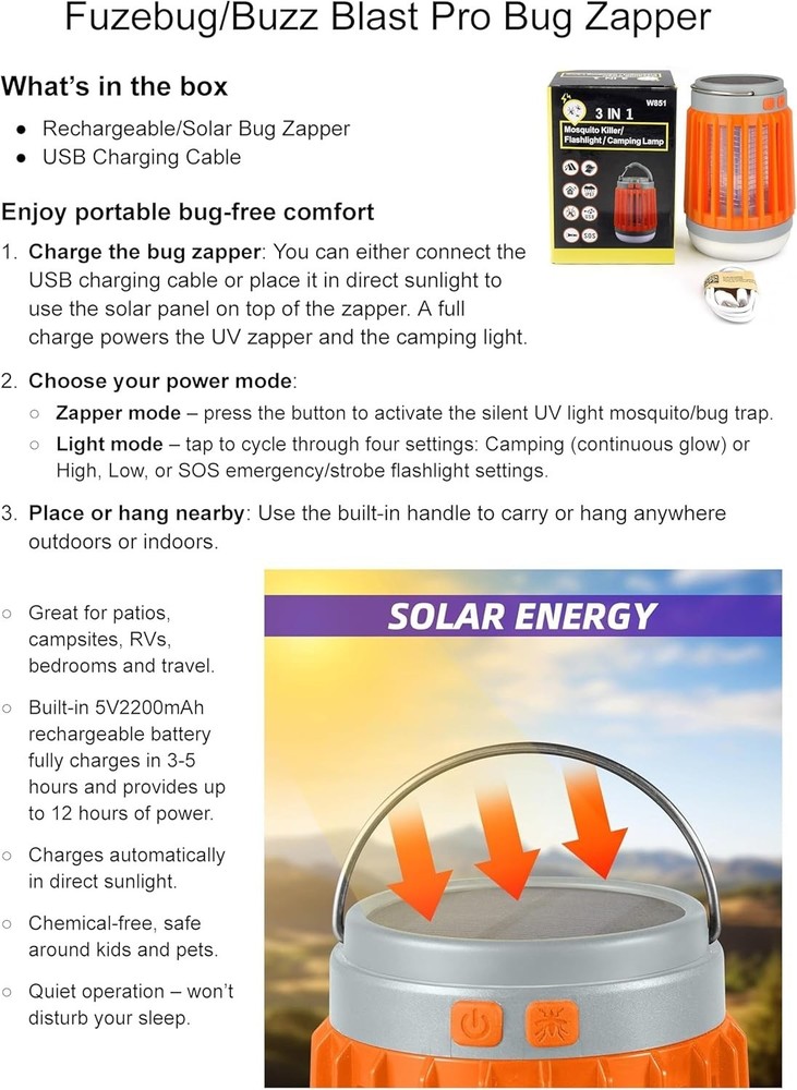 Fuzebug Buzz Blast Pro Mosquito Zapper Solar Bug Light Waterproof Portable Or...