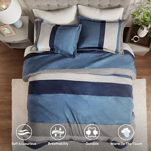 Queen Comforter Set, 3 Piece Luxe Microsuede, Pieced Design Full/Queen Blue