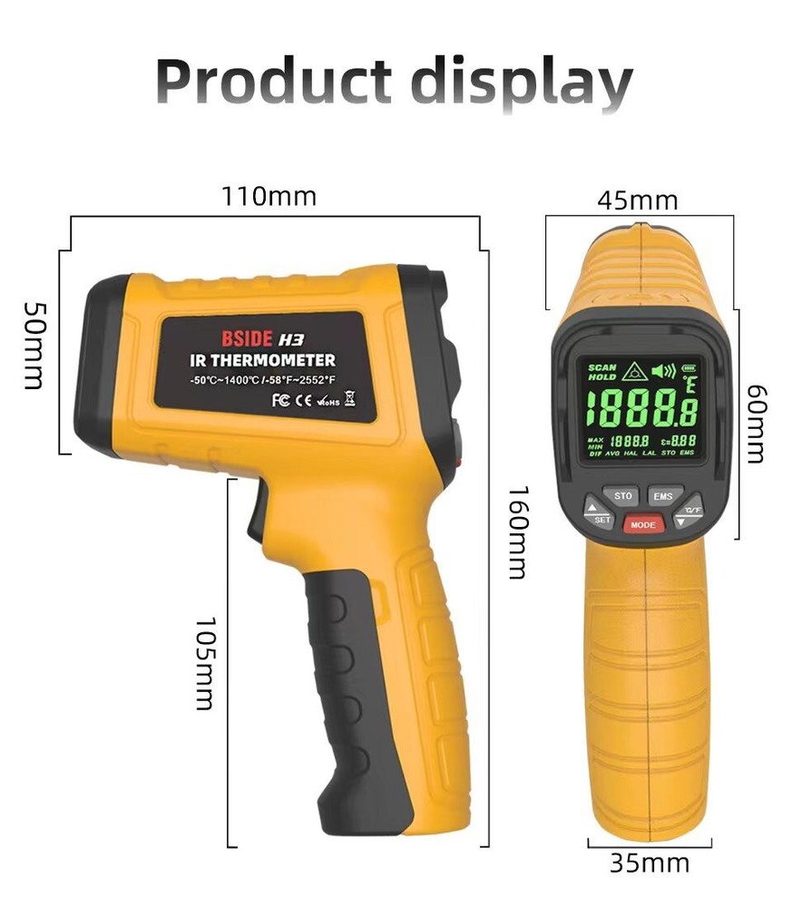 BSIDE H3 Digital Infrared Thermometer Laser IR LCD Temperature Meter Pyrometer
