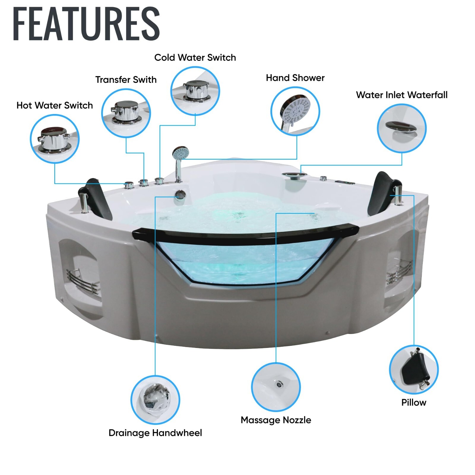 Corner Bathtub 61" Acrylic with Light, Heater, Freestanding Soaking Spa Jetted