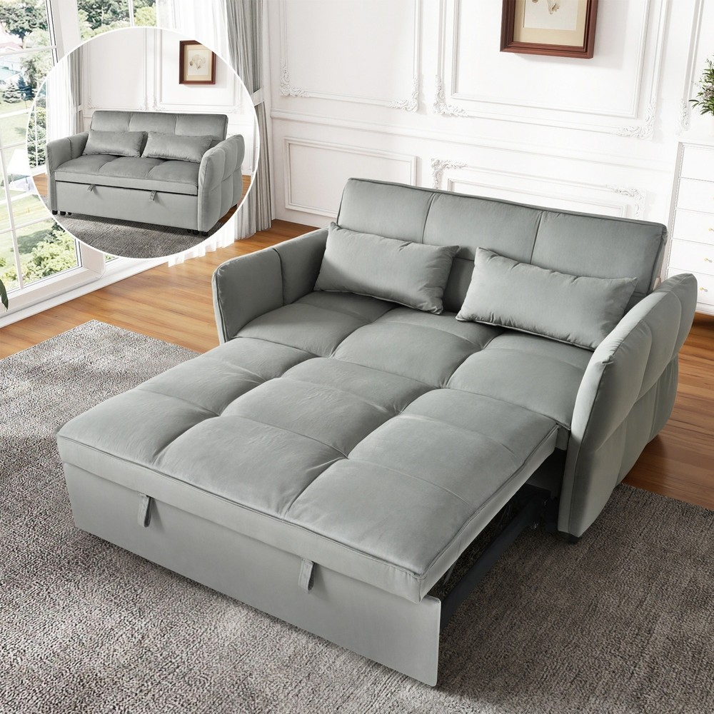 Gray/Black Pull Out Sofa Bed 3-in-1 Sleeper Sofa Convertible Couch w/ Pillows