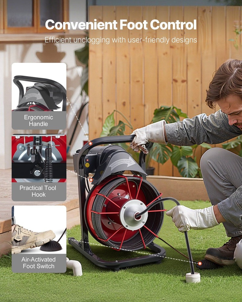 75ft Solid-Core Drain Auger, 4 Interchangeable Cutters