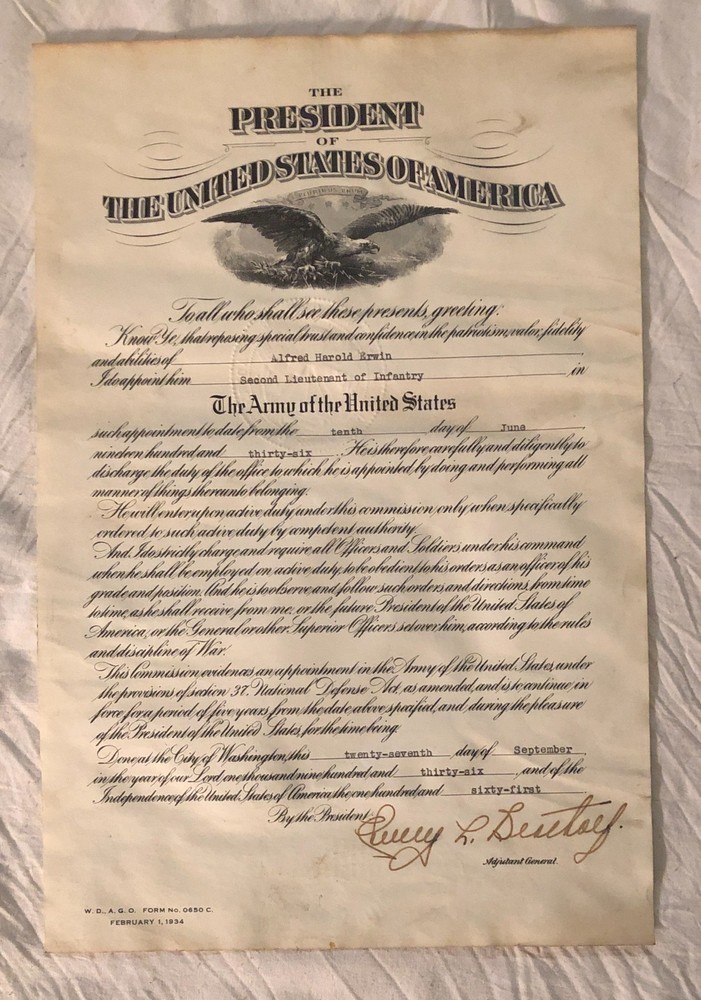 1936 US ARMY Second Lieutenant Infantry Appointment Certificate  General Signed