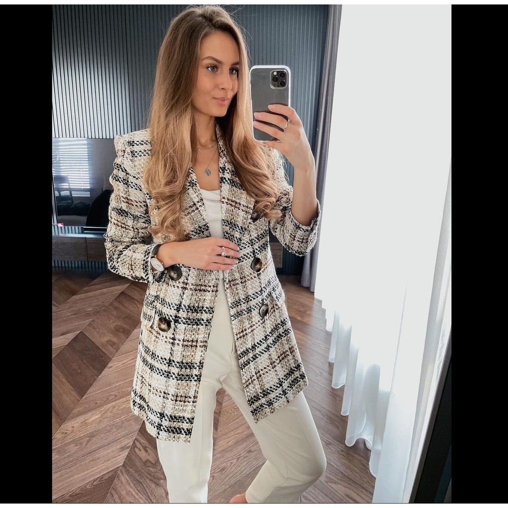ZARA Wool-Blend Double Breasted Plaid Blazer NWT