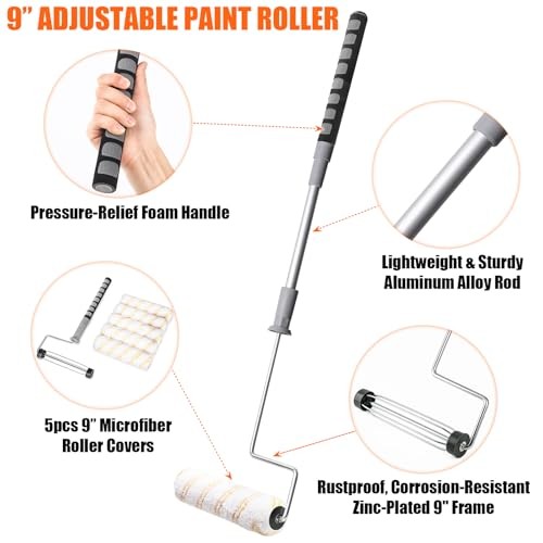 6pcs House Paint Roller Kit, 9 inch Extendable Roller Frame with 5 Microfiber