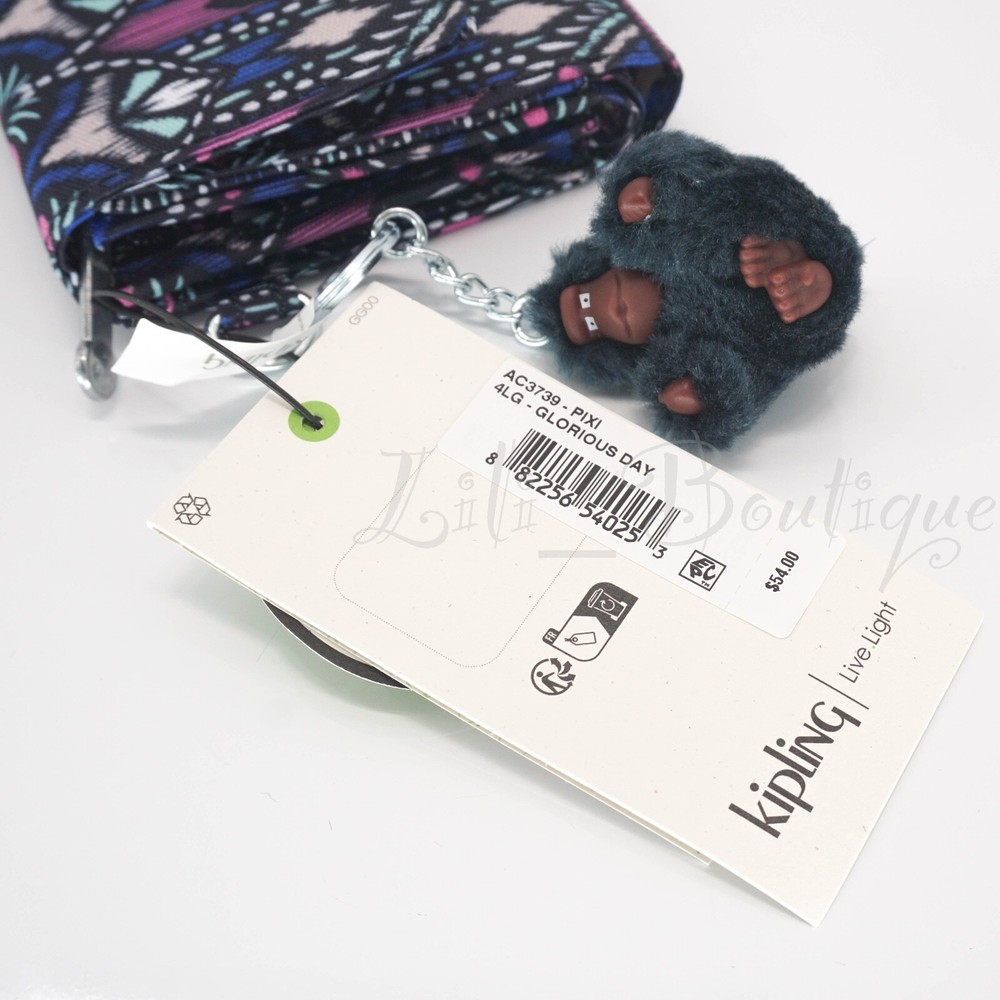 NWT Kipling AC3739 PIXI Snap Medium Trifold Wallet Polyester Glorious Day Multi