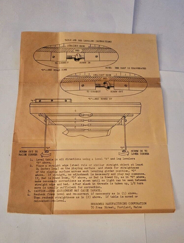 1936-65 BURROWES MANUFACTURING CORP. BILLIARD TABLE LEVELING INSTRUCTIONS POOL