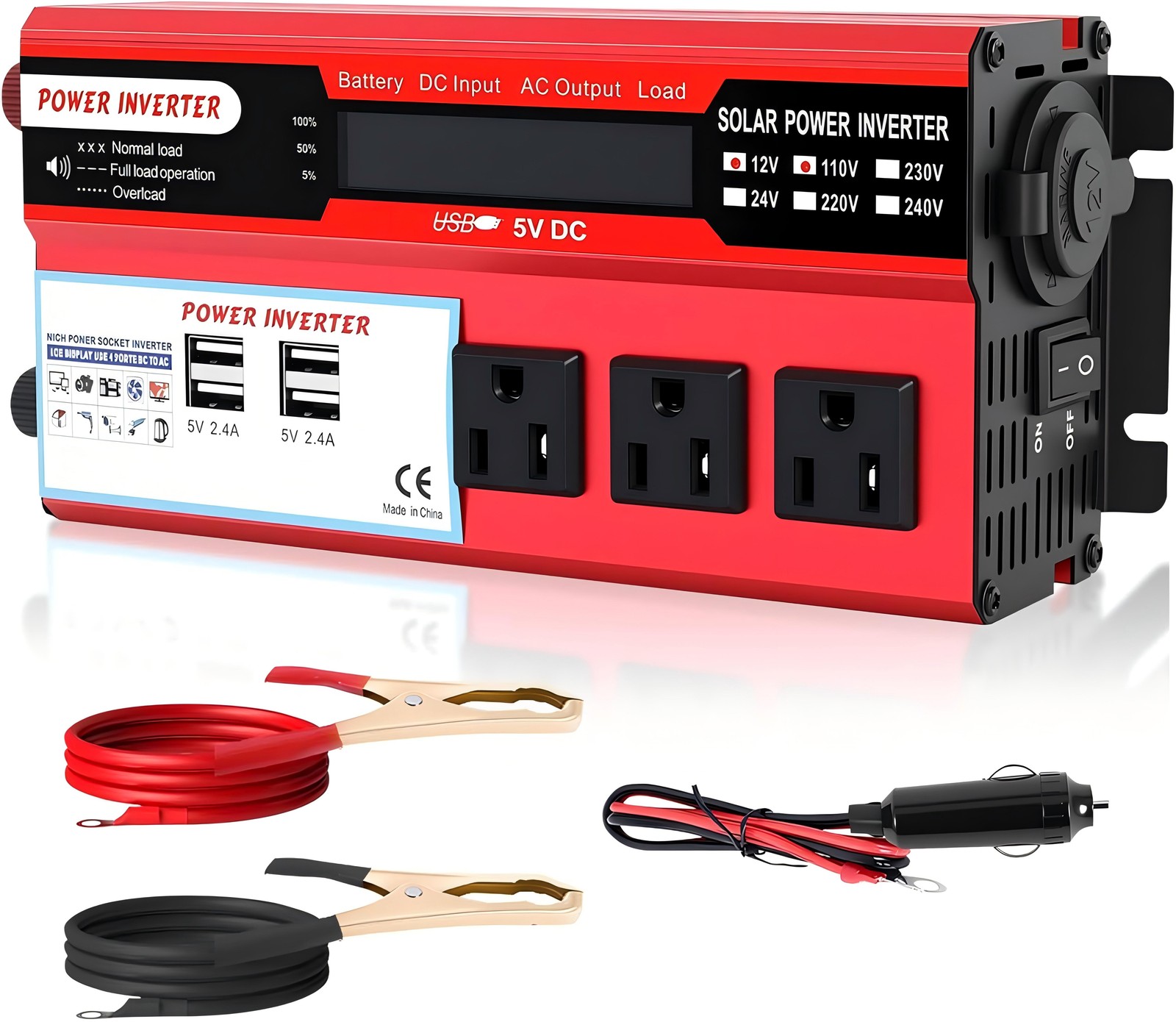 Car Power Inverter 5000W DC 12V To AC 110V Pure Sine Wave Solar Converter 4 USB