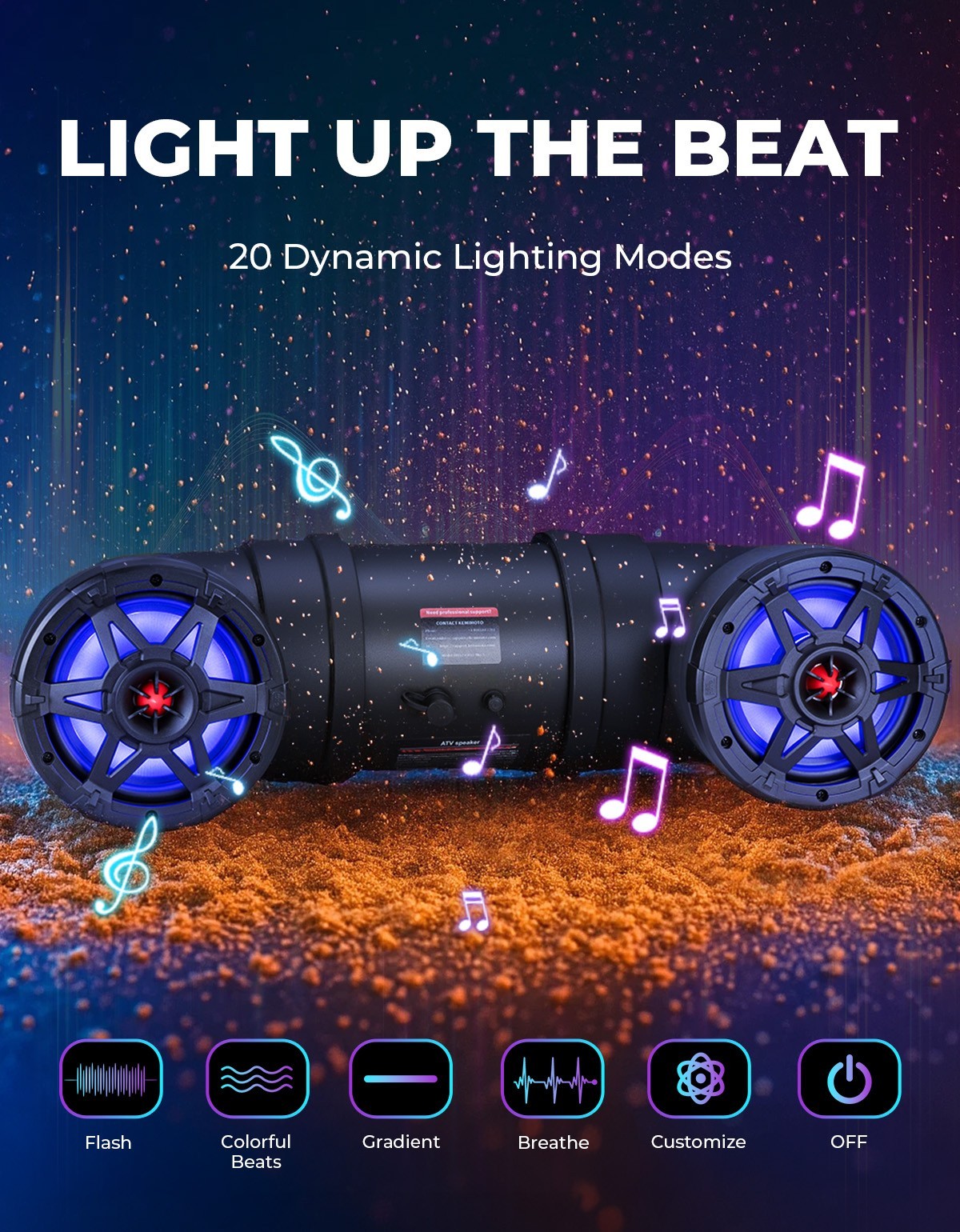 6.5-Inch Bluetooth ATV Speaker Sound Bar Audio System w/ RGB Lights for Polaris