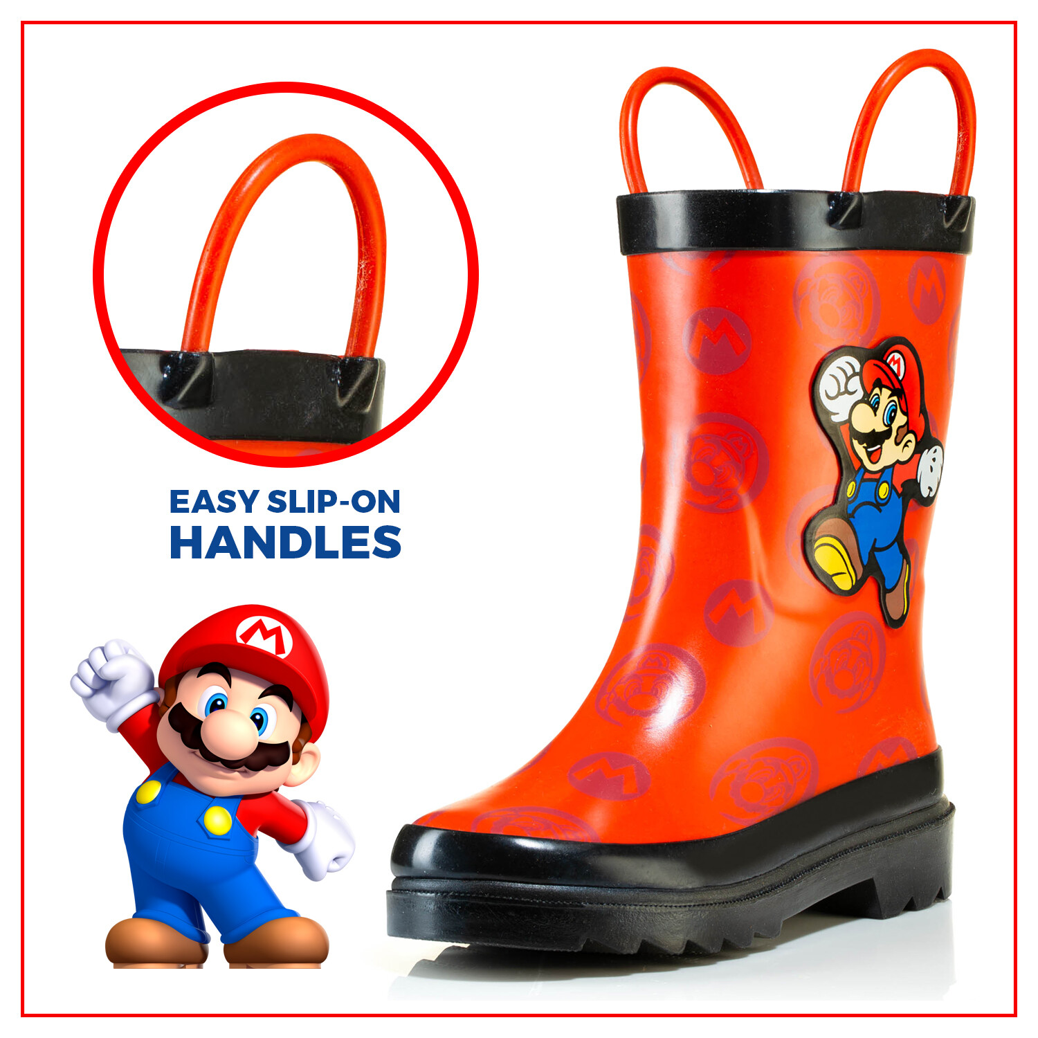 Nintendo Super Mario Boys Waterproof Easy-On Handles Rubber Rain Boots - Toddler