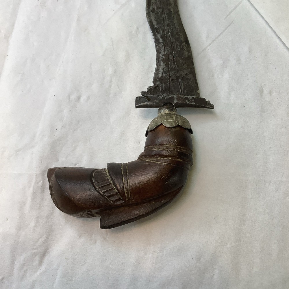 OLD Kris Blade Dagger Knife Curved Wood Carved Handle