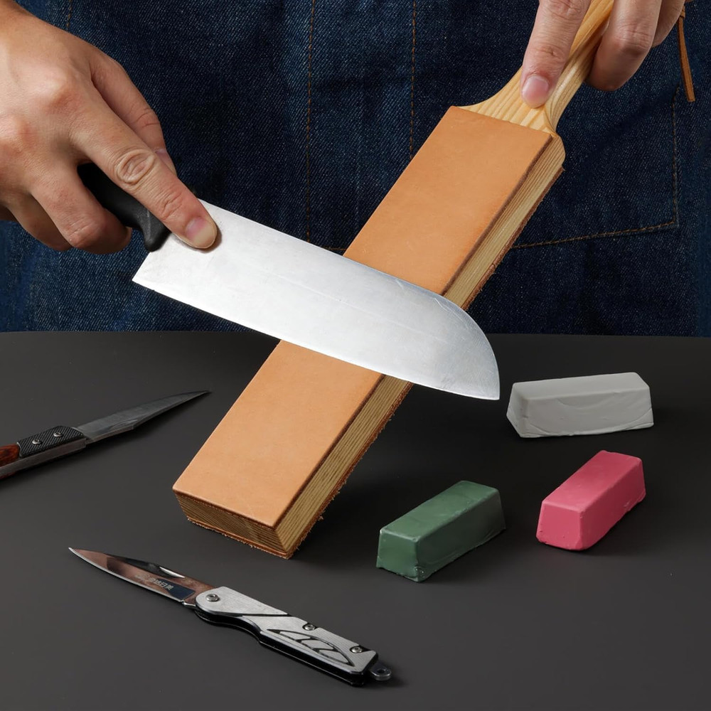 Double Side Leather Strop for Knife Sharpening - 14"X 2" Stropping Block Kit wit