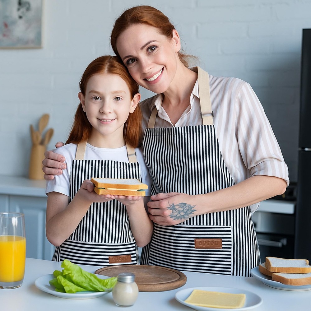 4 Pack Parent and Aprons Set, Adults Matching Stripes Apron Adjustable Kitche...
