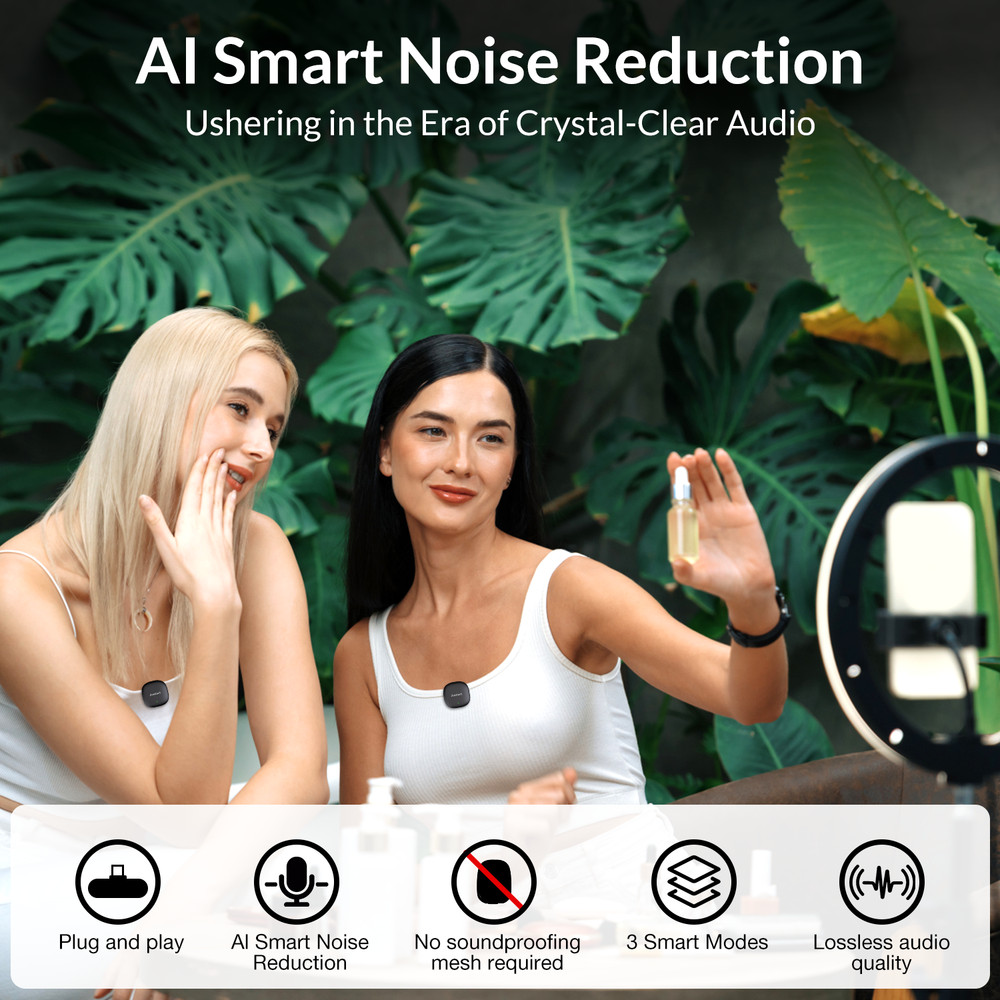 2-in-1 Wireless Lapel Microphone with AI Noise Reduction for iPhone & Android