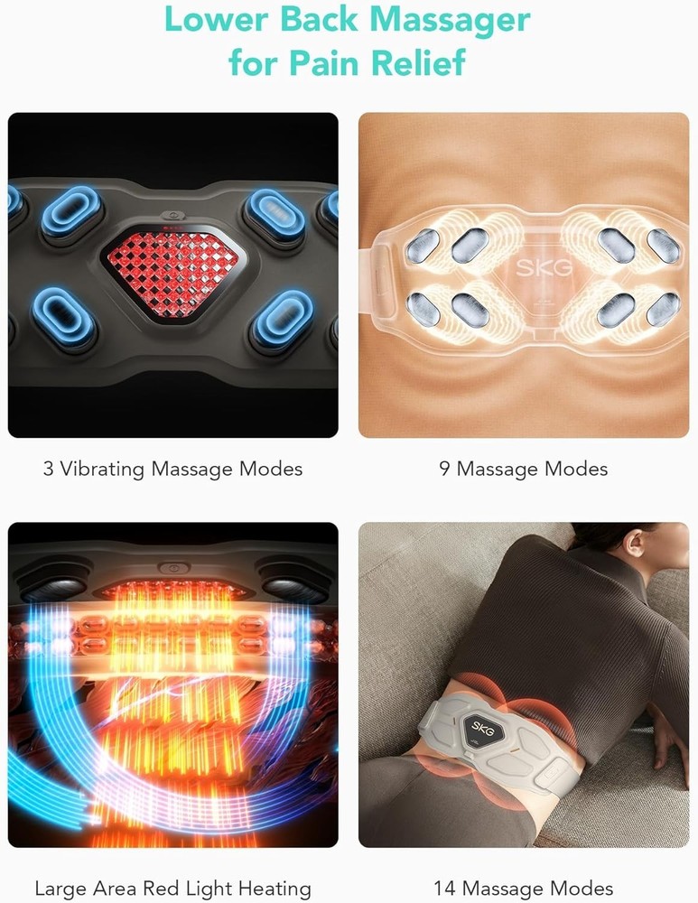SKG Lower Back Vibrating Massager Adjustable Cordless Heating Pad Infrared