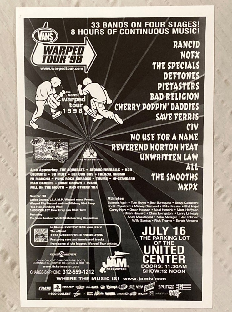 Vans Warped Tour 1998 Poster Deftones Rancid NOFX Bad Religion No Use For A Name