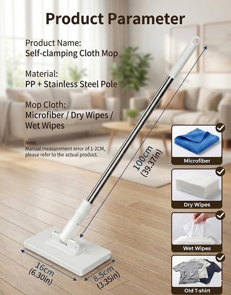 Snap Grip Mini Mop, Hands-Free Cloth Changing with 360° Rotating Head, White