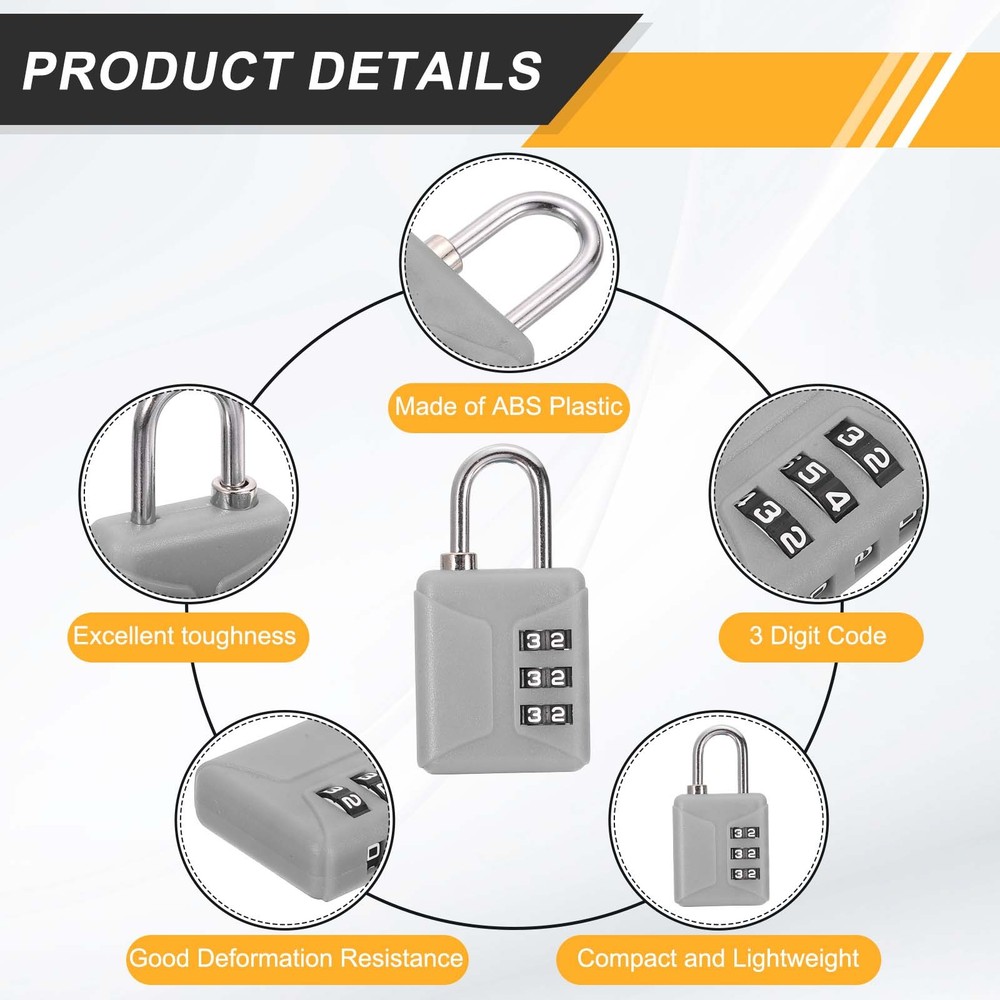 4pcs Resettable 3 Digit Plastic Combination Padlock, Gray (60 x 32mm)