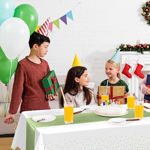 16Pack Plastic Tablecloths and Satin Table Runner Set 16 Pack White and Green