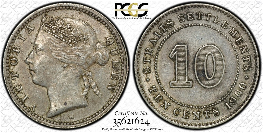 1900H Straits Settlement 10 cent PCGS graded AU 50