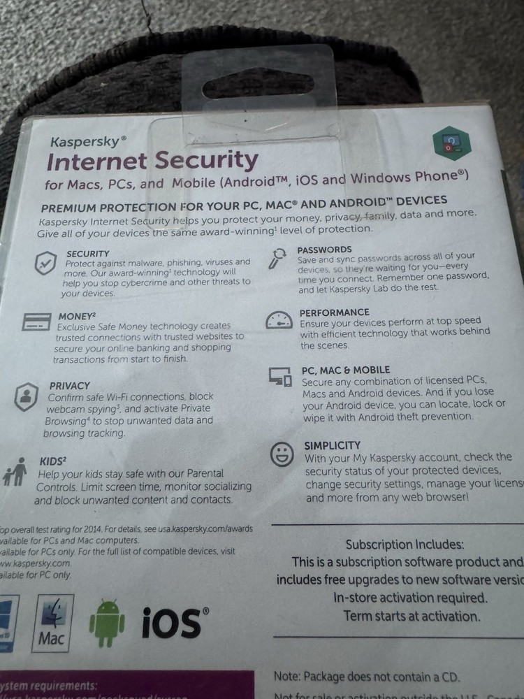 Kaspers Internet Security Premium PC Protection MACs PC & Android 2015 Sealed
