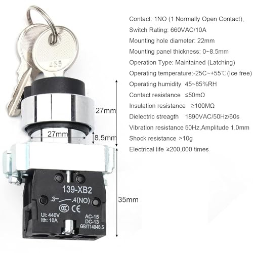 Key Switch 2 Position Maintained Rotary Key Switch 10A 440V XB2 1NO Latching