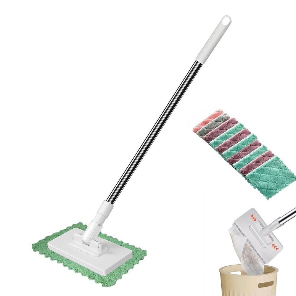 Snap Grip Mini Mop, Hands-Free Cloth Changing with 360° Rotating Head, White
