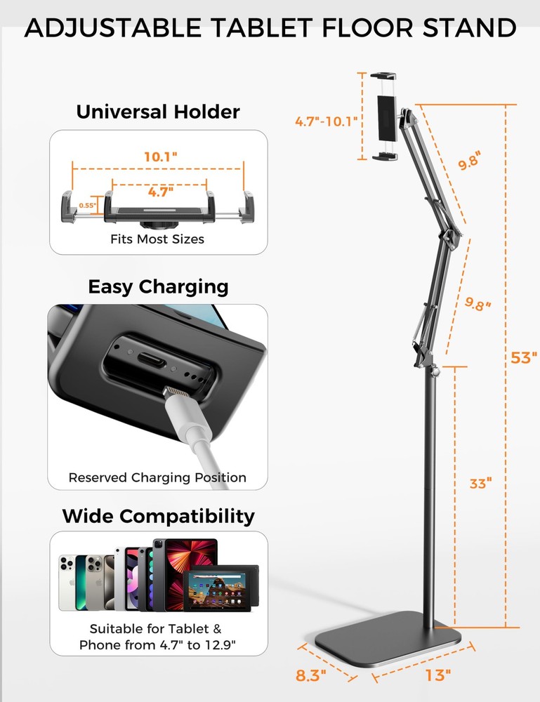 VOLTIFYMAX Tablet Floor Stand, 360-degree Rotatable Metal Tablet Stand Holder...