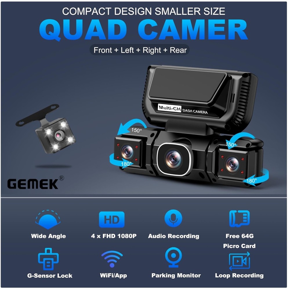 360° 4-Ch Dash Cam | 2K Front/Rear | WiFi & App Control