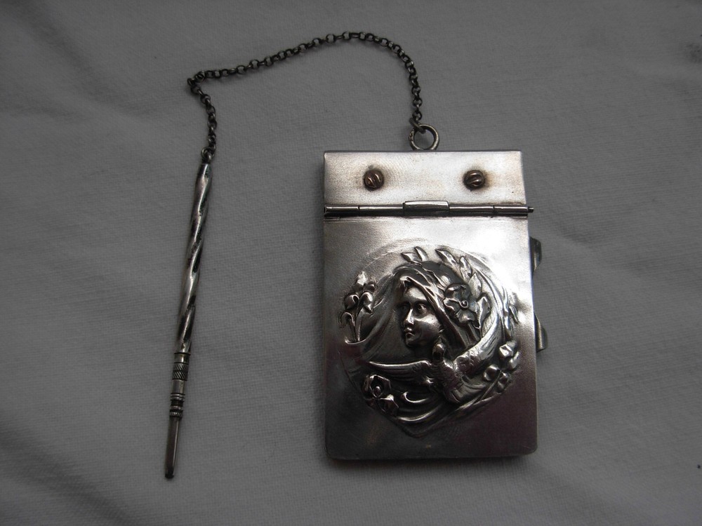 ANTIQUE GERMAN SOLID SILVER DANCE CARD,NOTE BOOK,PENDANT,ART NOUVEAU