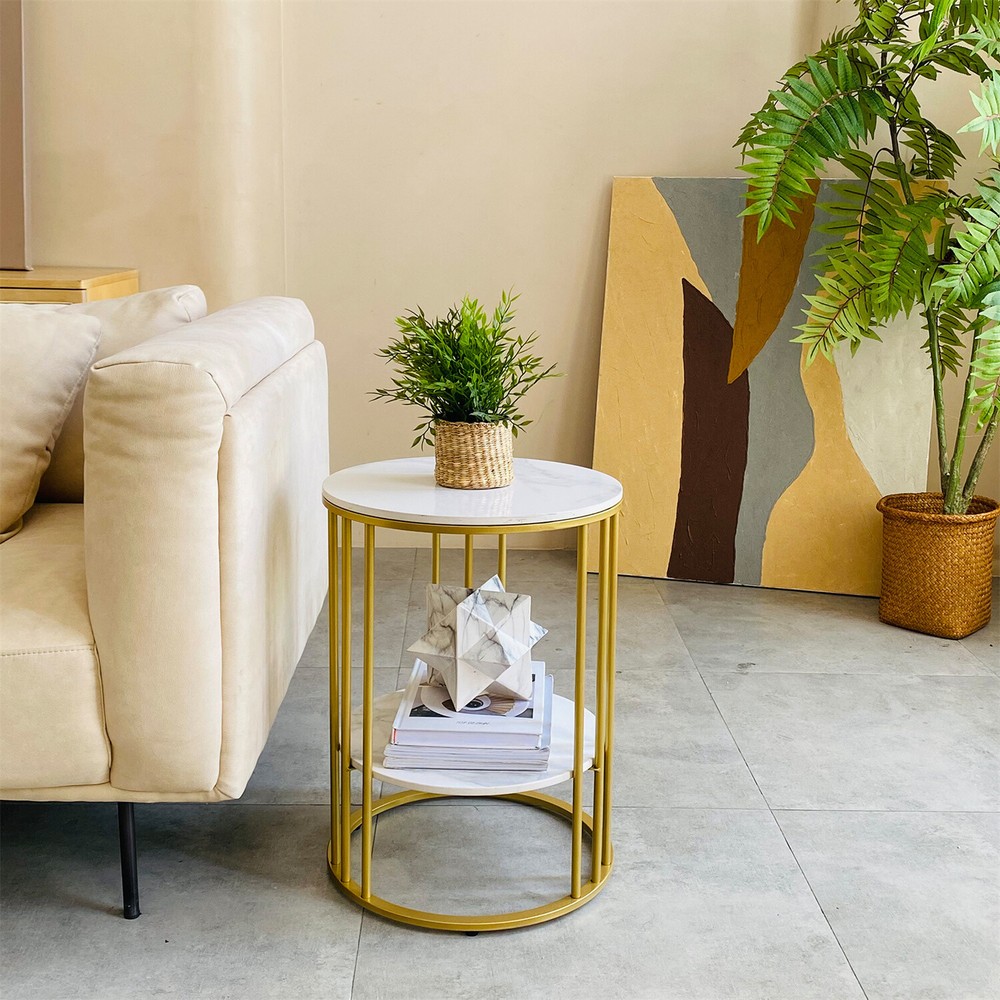Gold Side End Table, 2 Tier Round Marble Side Table with Storage Shelf Modern