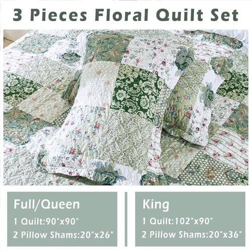 Romantic Patchwork Quilt Set King Size,Reversible Bedspread King 102x90 Green