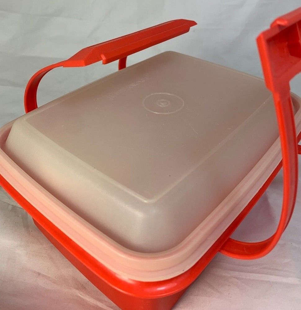 Vintage Red Tupperware Handled Lunch Box with sandwich