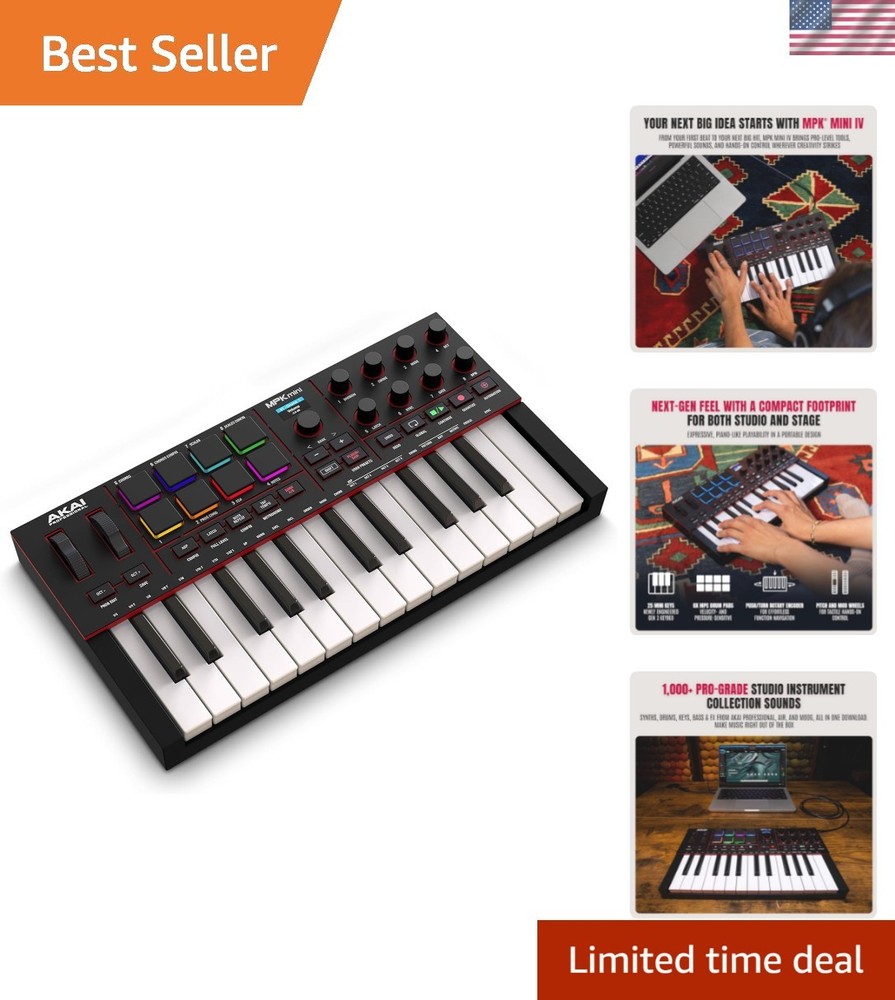 Portable MIDI Keyboard Controller with RGB MPC Pads and 360° Knobs - MPK Mini IV