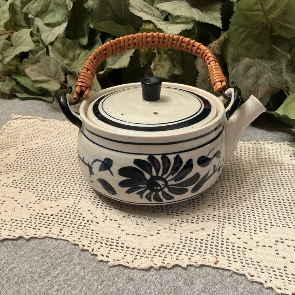 Ceramic Teapot Glossy Round Blue Floral Pattern Wicker Handle White Pottery