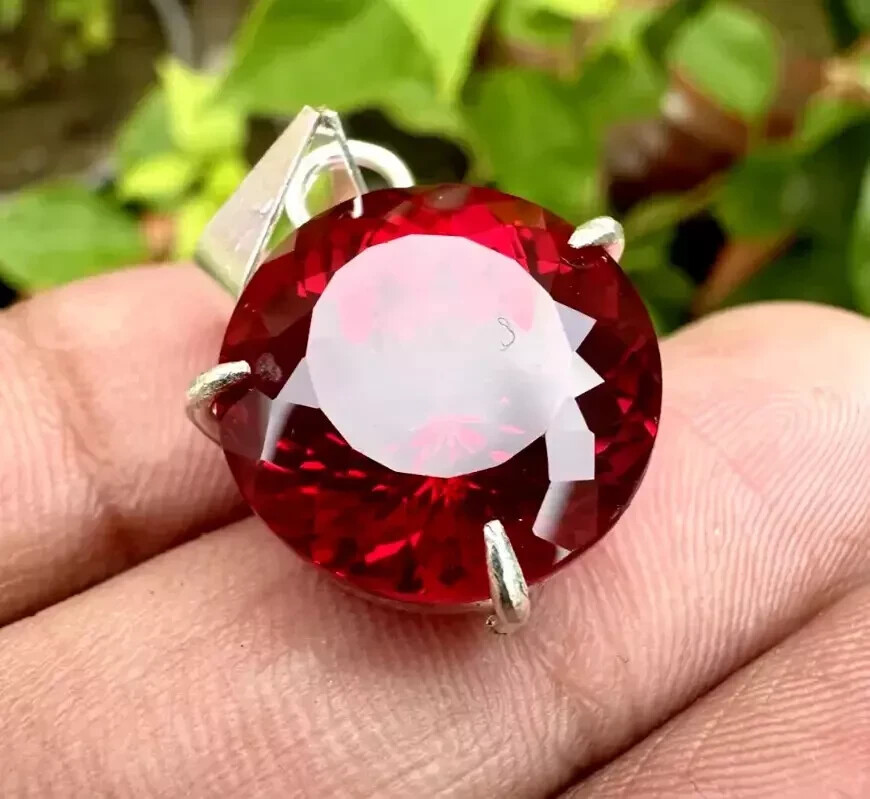 Natural Red Ruby Round Certified 24 CT Loose Gemstone 925 Solid Silver Pendant