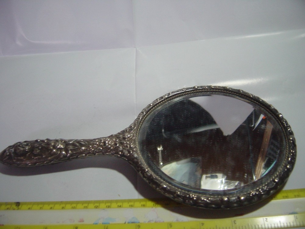SPECTACULAR- SILVER OR PLATED ?- LARGE ELEGANT HAND HELD MIRROR-SUPERB DESIGN