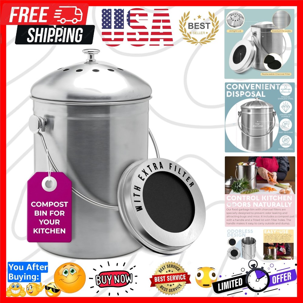 Countertop Compost Bin Kitchen | 1.3 Gallon | Odorless Composting Bin with Ca...