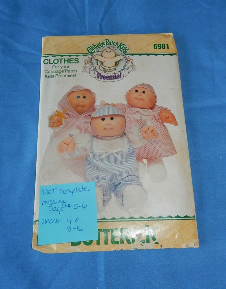 Vintage Cabbage Patch Clothes Butterick Patterns Preemie & 16" Doll PLEASE READ