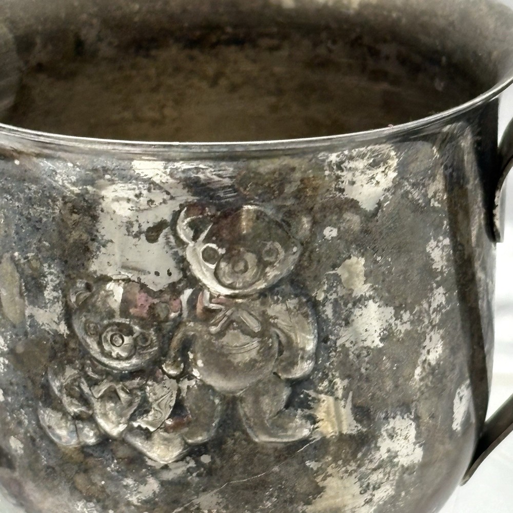 VTG Silverplate Baby Cups Godinger Teddy Bear Leonard Hong Kong Nursery Patina